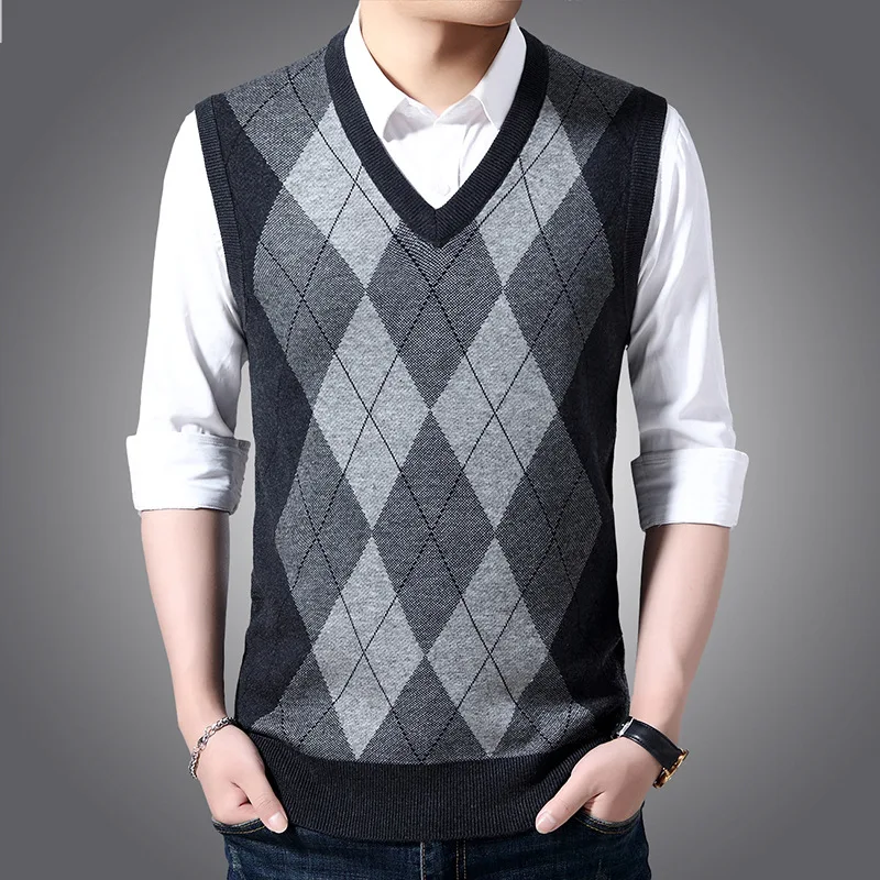 

Brand Men's Wool Vest Knitted Sleeveless Spring Autumn Male Smart Casual Sweater Vests Basic Business Clothing Lattice Waistcoat