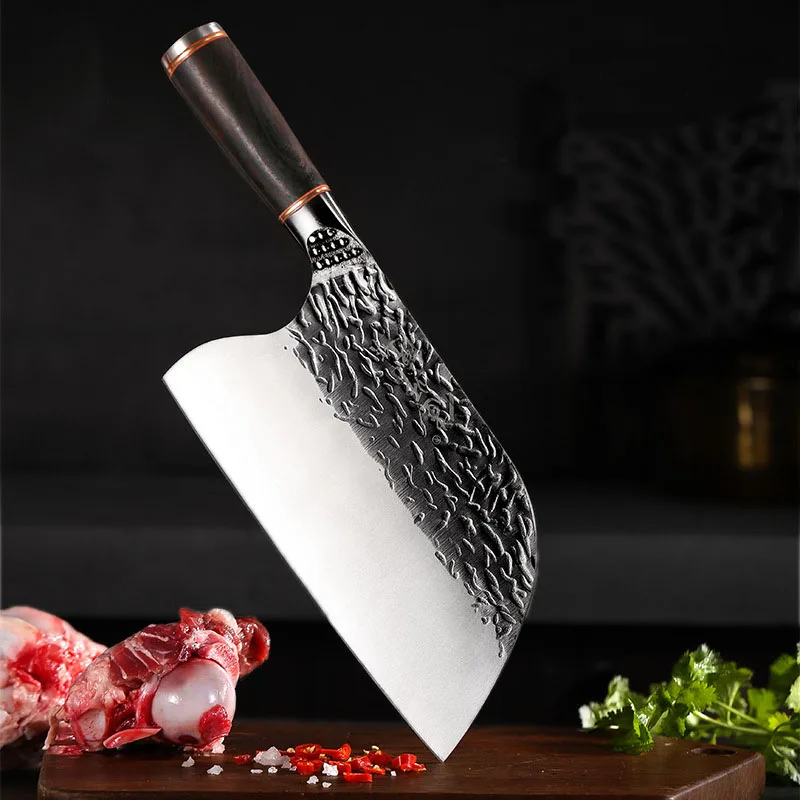 Фото Профессиональный нож мясника, разделочный нож из высокоуглеродистой стали, кованый китайский тесак ручной работы, кухонный нож шеф-повара, кухонные инструменты №5