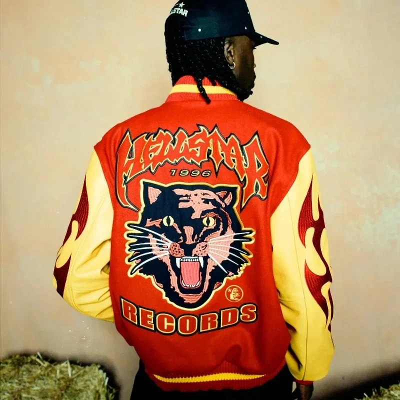 

New street hellstar jacket men's Y2K hip hop record werewolf Letterman graphic embroidery jacket Gothic baseball uniform jacket