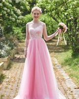 wedding party v neck a line straps lace tulle top sleeveless long bridesmaid dress rose quartz formal prom