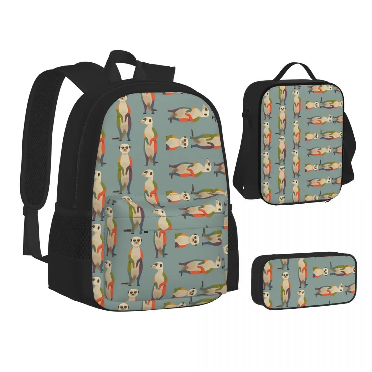 

Hello Meerkats Backpacks Boys Girls Bookbag Students School Bags Cartoon Kids Rucksack Lunch Bag Pen Bag Three-Piece Set