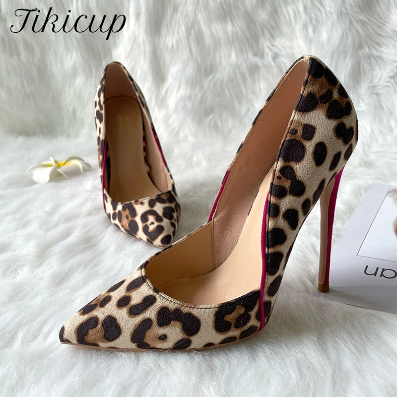 

Tikicup Women Leopard Suede Sexy Pointy Toe High Heel Party Shoes Slip On Ladies Stiletto Pumps 8cm 10cm 12cm Plus Size 33-46