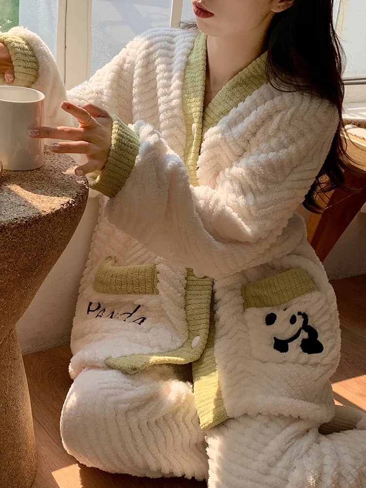 Женские пижамы с пандой весенне-осенне-зимний коралловый флис утепленный