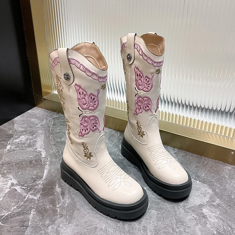 

Embroidery Cowboy Boots For Women Thick Bottom Platform Shoes Round Toe Mid-calf Knight Boots Fashion Ladies Shoes