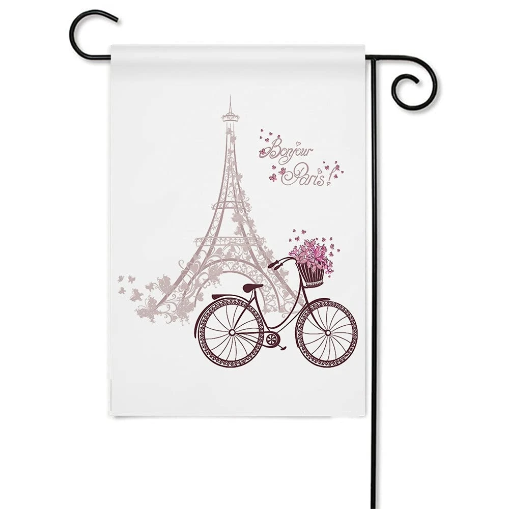 

Paris Garden Flags Double Sided Vintage France Eiffel Tower Bicycle Flower Butterfly Yard Flag Home Decor Outdoor Lawn Terrace