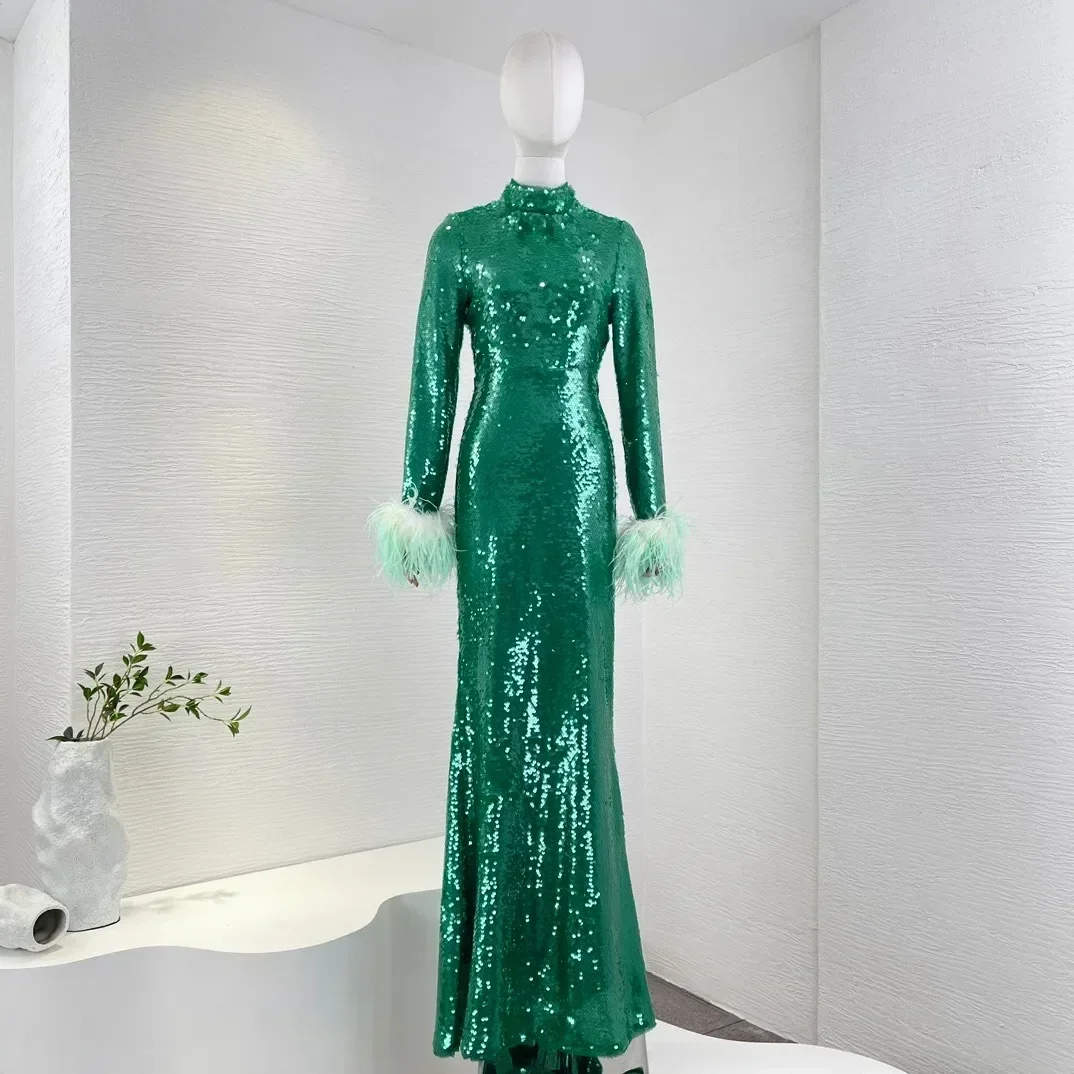 

New Collection Top Quality Spring Autumn Shining Green Sequined Turtle Neck Feather Midi Slim Women Mermaid Dress