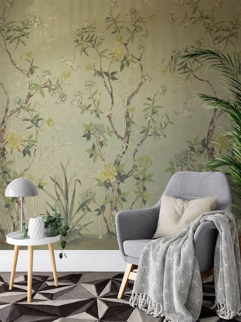 

Vintage Chinoiserie Wallpaper, Removable Peel and Stick Mural, Self Adhesive Eco Friendly Floral Design, Chinoiserie Birds Print