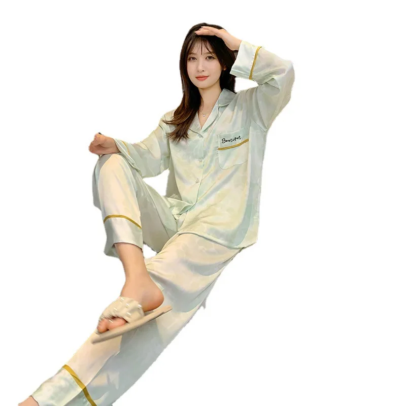 Ice Silk Pajamas Women's Summer High-end Solid Color Satin Thin Loose Long-sleeved Trousers Home Service