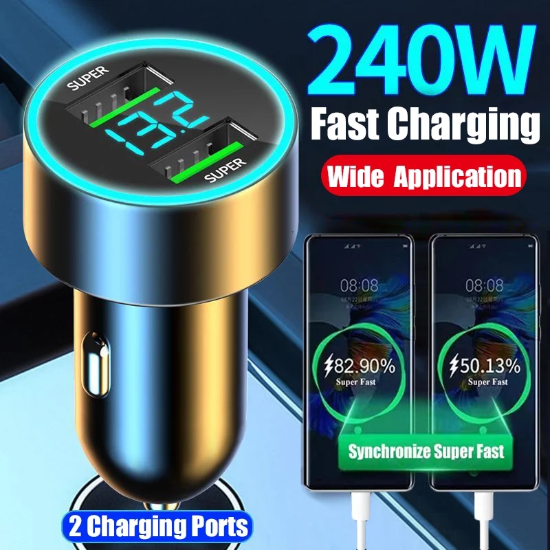 240W Car Charger 2 USB Ports Fast Charging for IPhone Samsung Xiaomi Quick Charging Adapter with Digital Display Car Chargers