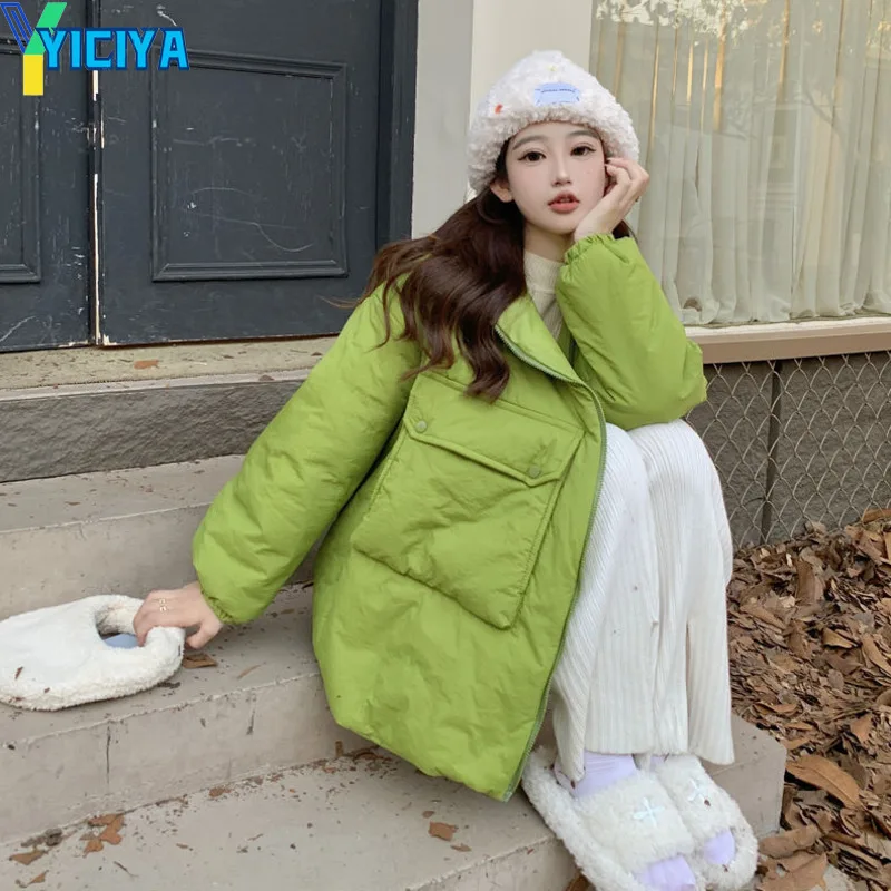 YICIYA Winter Thicken Warm Medium Long Chic Parkas Women Casual Sweety Solid Color Big Pocket Zipper Loose Coats Jackets Outwear