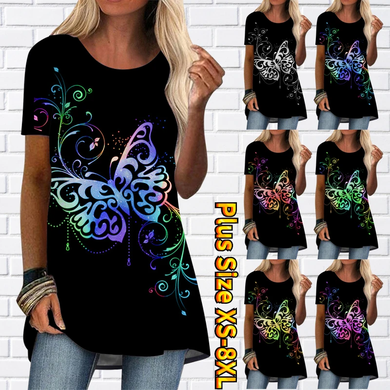

2022 Summer Women's New Design Butterfly Print Short Sleeve Round Collar Loose Size Tops Fashion Casual Simple Style Pullover