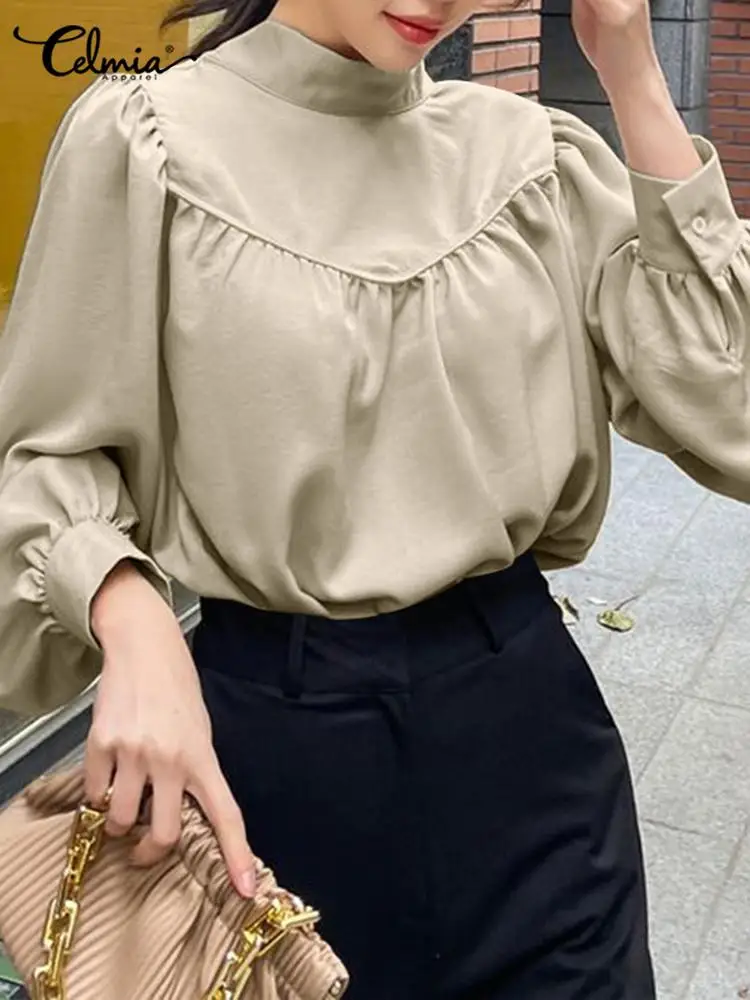 

Celmia 2022 Summer Blouses Vintage Women Fashion Shirts Autumn Long Sleeve Office Stand Collar Casual Tunic Solid Party Tops