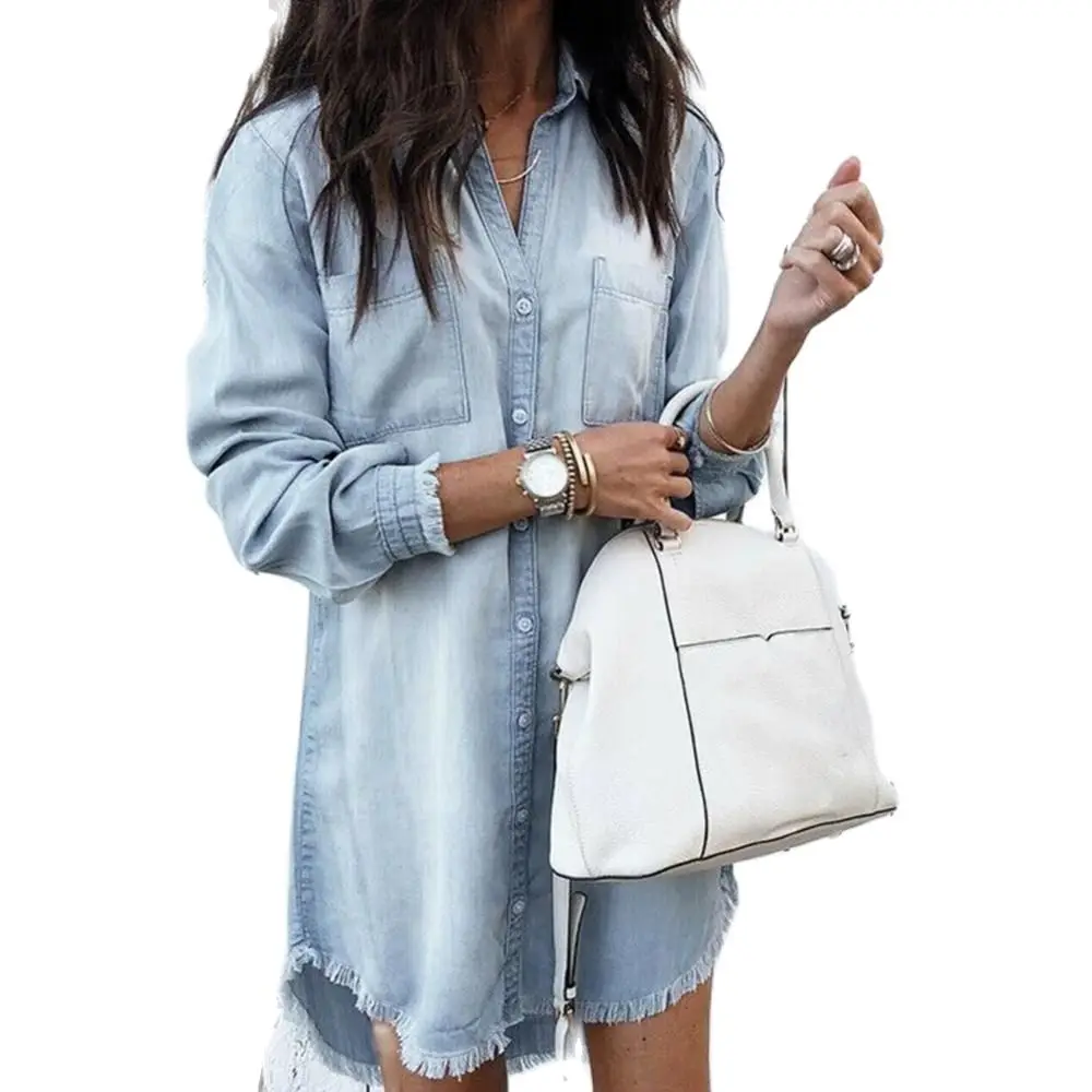 

Fashion Denim Shirt Dress Women 2022 Tassels Party Elegant Long Sleeve Casual Dress Summer