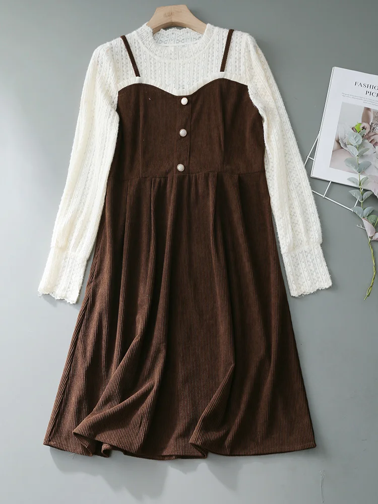 Вельветовое цельное платье из двух частей с длинными рукавами. Женская одежда.