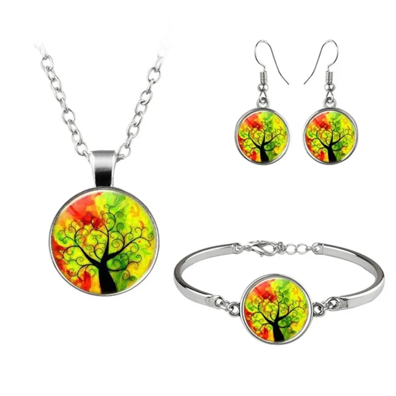 

LE Tree Of Life Art Photo Jewelry Set Glass Pendant Necklace Earring Bracelet 4 Pcs Women's Girl Creative Gifts