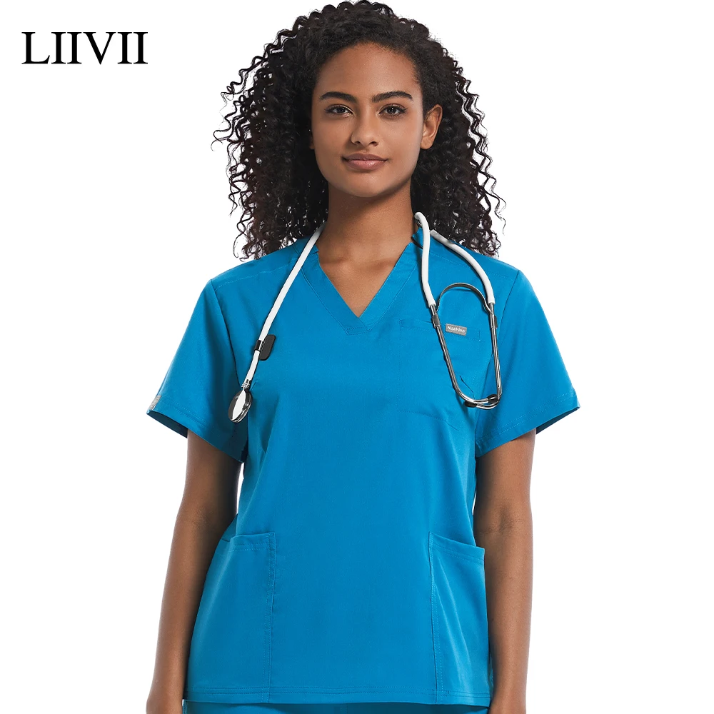 

Unisex Nurse Uniform Men Women Scrub Tops Clinic Nursing Uniform Medical Work Blouse Short Sleeve V-neck Scrub Shirt With Pocket