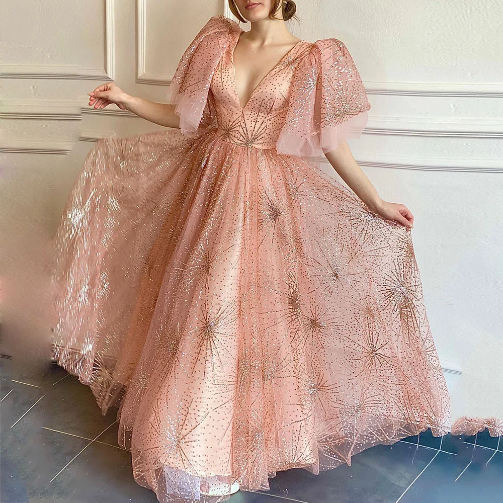 

Pink Evening Dresses 2022 V-Neck Short Sleeves Tulle Puffy Pageant Gowns A-Line Sparkle Luxury Zipper Long Formal Party Dress