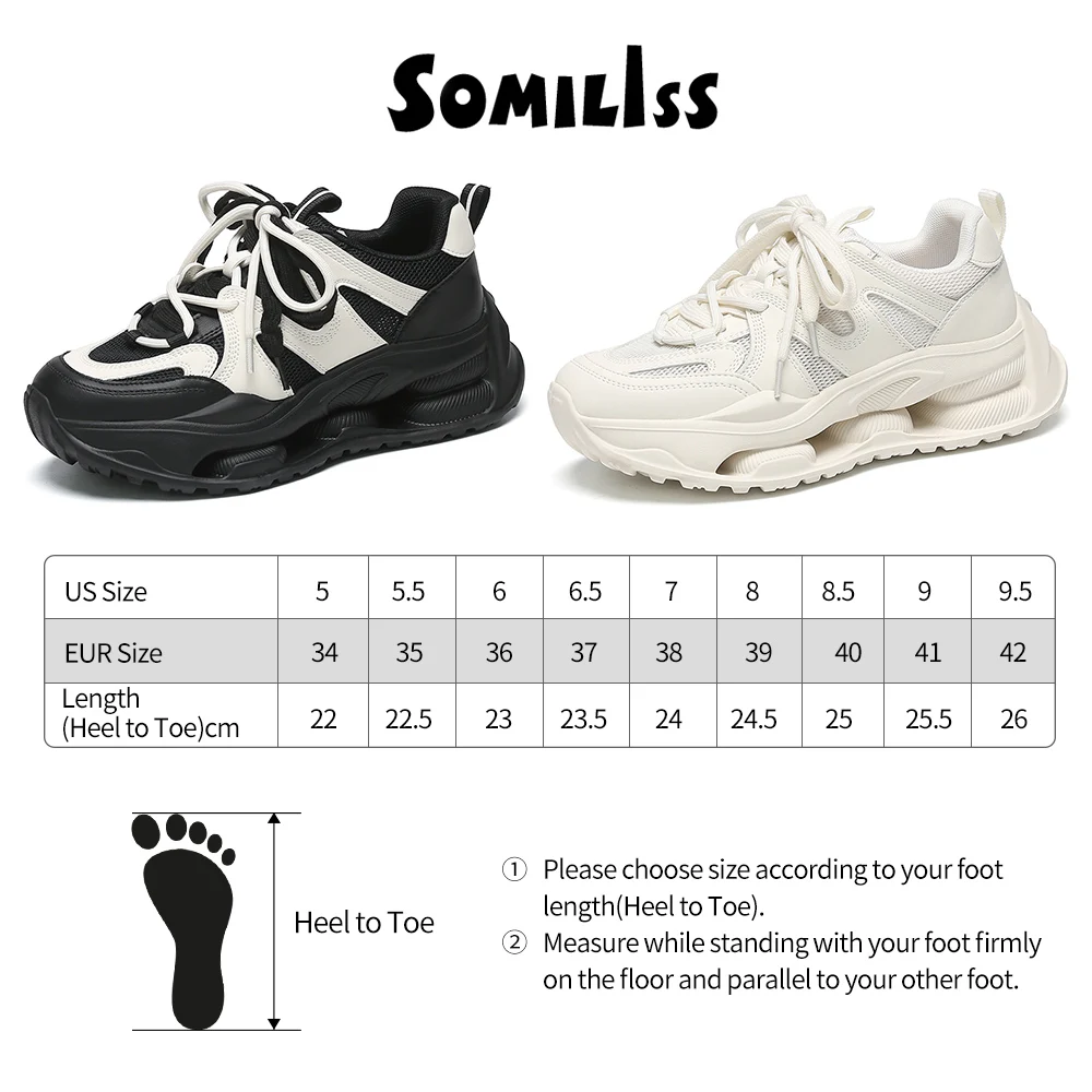 SOMILISS Women Chunky Sneakers Genuine Leather Mesh Round Toe Lace Up Ladies Spring Summer Breathable Soft Platform Casual Shoes