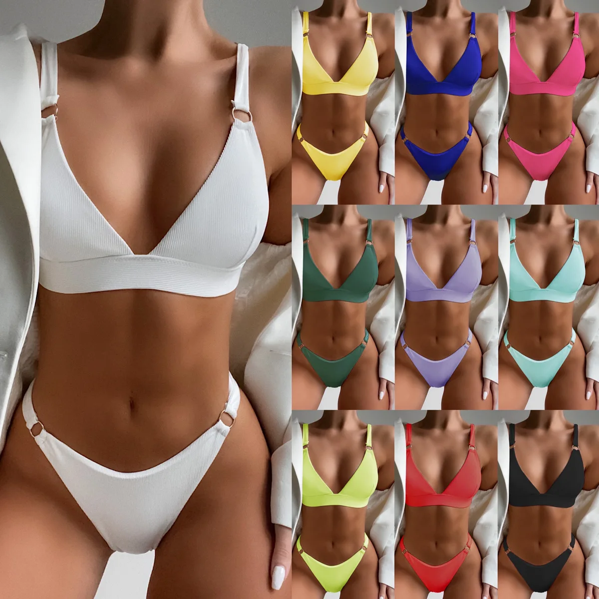 

Ribbed Bikini V-neck Women's Swimsuit 2022 Sexy Ring Linked Swimwear Solid Bathing Suit Women High Cut Biquinis Beachwear