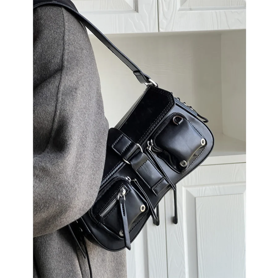 Casual Underarm Bag Female Handbags Black Fashion Design Motorcycle Shoulder Bag Shoulder Bag Women's Bag With Multiple Pockets