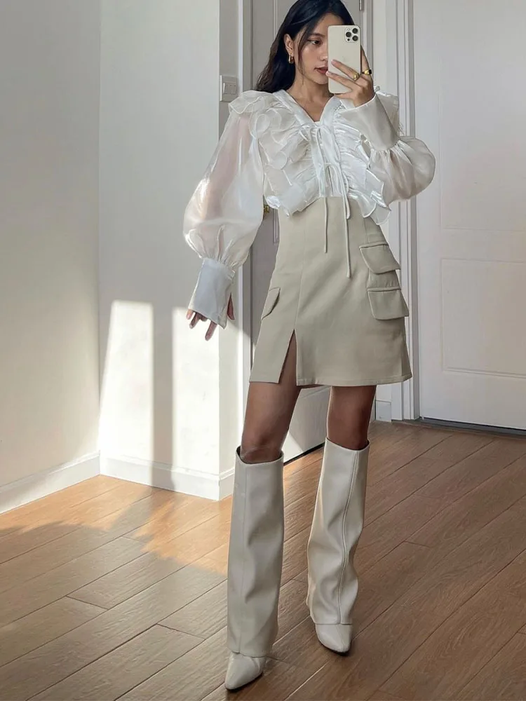 

New Small Wrinkle Overlay Ruffled Versatile Style Shirts V-Neck Placket Lace-Up Long Sleeves Fashion Design Women's Shirts