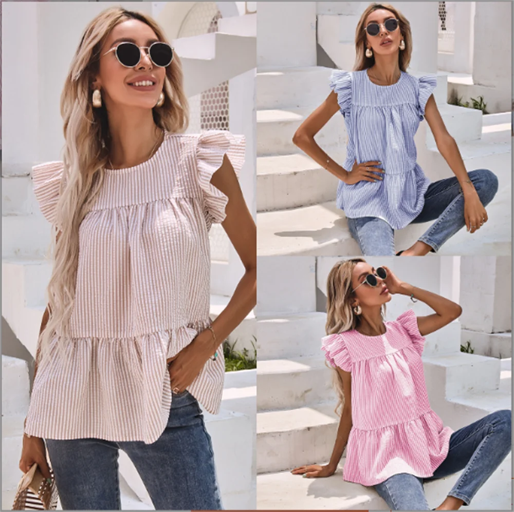

Summer Women's Fashion New Lotus Leaf Sleeves Round Neck Pleated Striped Loose Pullover Short Sleeve Top Fresh And Sweet Style