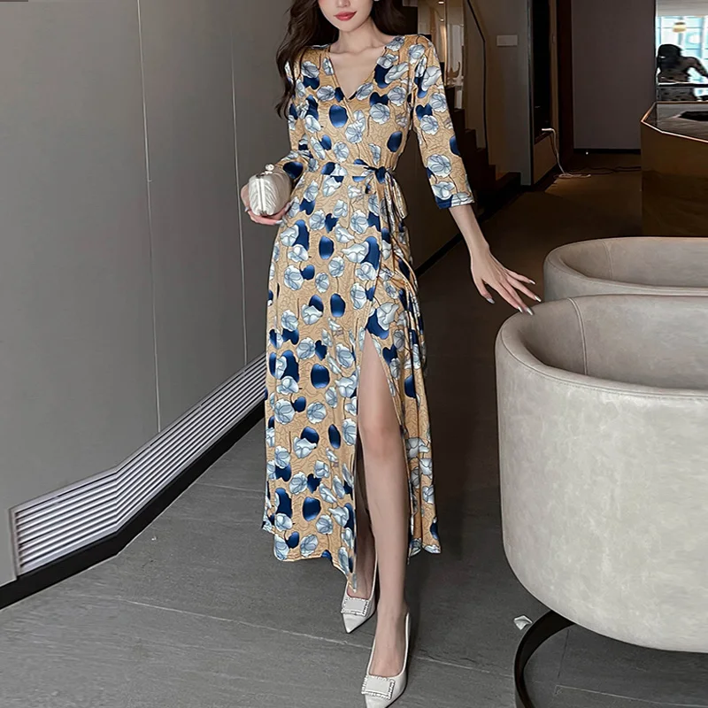 

Long Wrap Dresses With Slash Slim Elastic V Neck Belted-up Three Quarter Sleeve Maxi Dress Vintage Print Beach Vestido de mujer