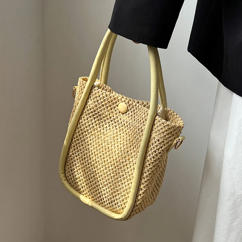 

Summer Straw Portable Woven Bucket Bags For Woman New Fashion Versatile Holiday Beach Shoulder Crossbody Bag Ins Chic Handbags