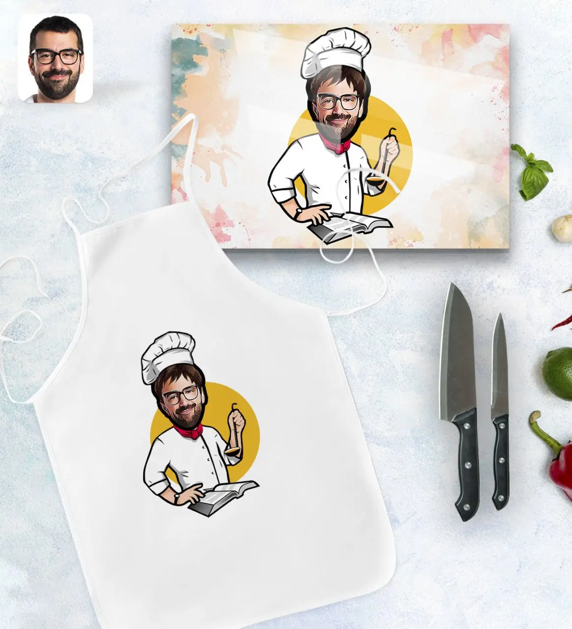 

Персонализированный мужской кухонный фартук шеф-повара с мультяшным рисунком и стол для резки стекла, подарочный набор, Модель 12