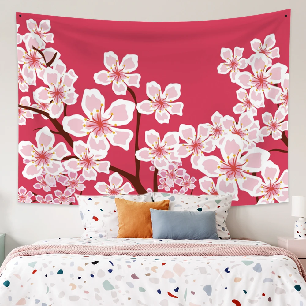 

Cherry Blossom Red Japanese Style Tapestry Wall Hanging Bohemian Hippie Planet Psychedelic Witchcraft Aesthetics Room Decor
