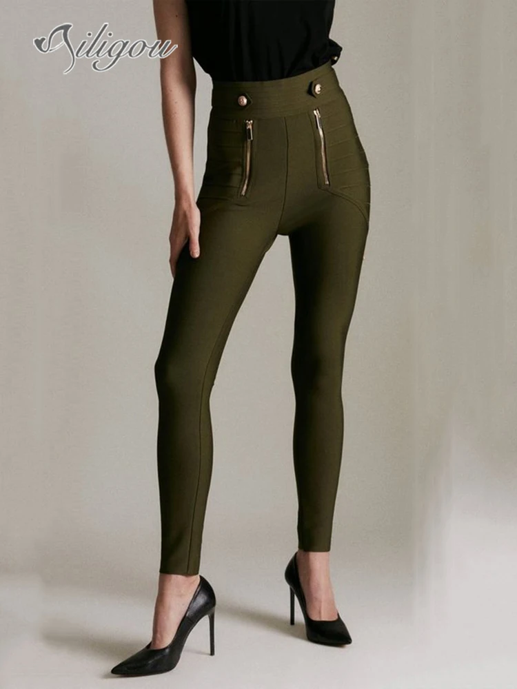 Ailigou 2023 New Women's Black Military Green Wine Red Button Zipper High Waist Tight Bandage Pants Sexy Fashion Celebrity Pants