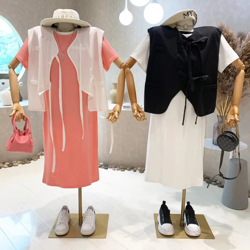 

New Women's Clothing 2022 Summer Tassel ribbon vest top loose casual short sleeve long T-shirt Dress version slim two piece set