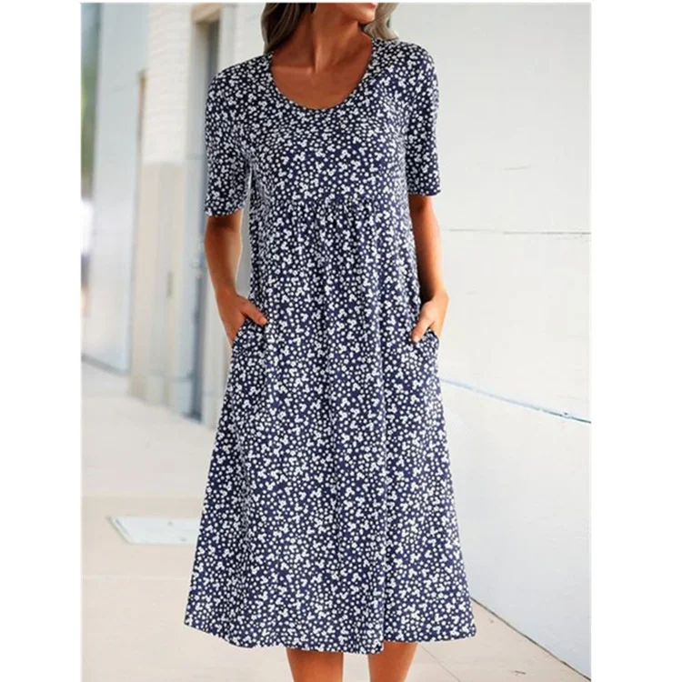 

Women's Round Neck Short Sleeve Floral Medium Length Dress