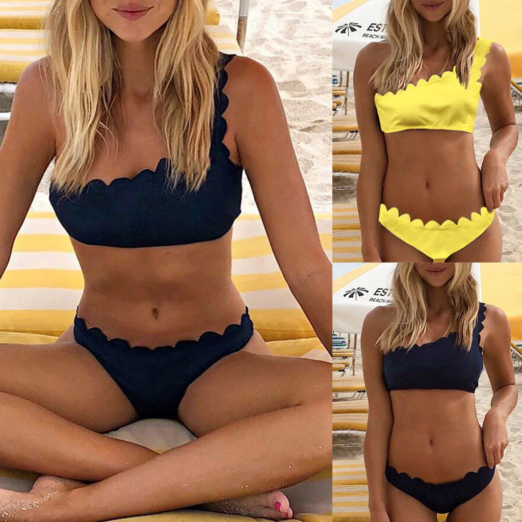 

Bikini 2023 Swimwear Swimsuit Women One Shoudler Bikini Plus Size Push Up Solid Color Swimsuit 3 Pieces Beach Wear Biquini Girls