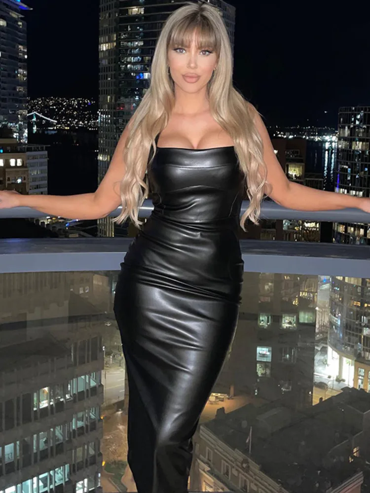

Mozision Elegant Sleeveless Sexy PU Leather Dress For Women 2022 New Fashion Backless Bodycon Split Long Dress Female Vestido