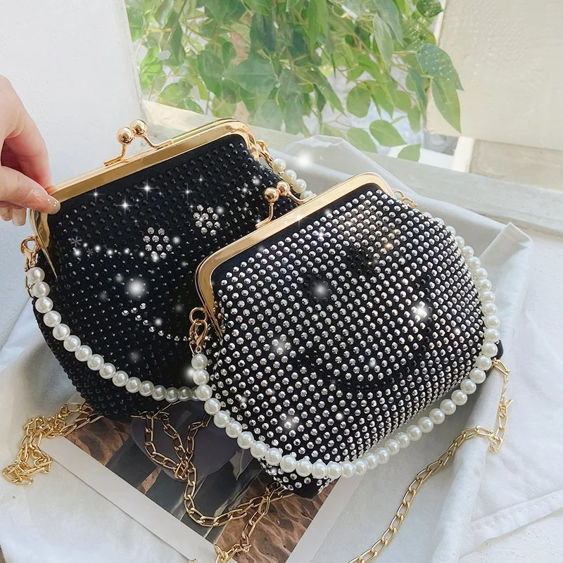 

Pearl Hand-held Diamond-studded Smiley Face Small Square Bag Women 2022 New High Quality Luxury Shoulder Rhinestone Shell Bags