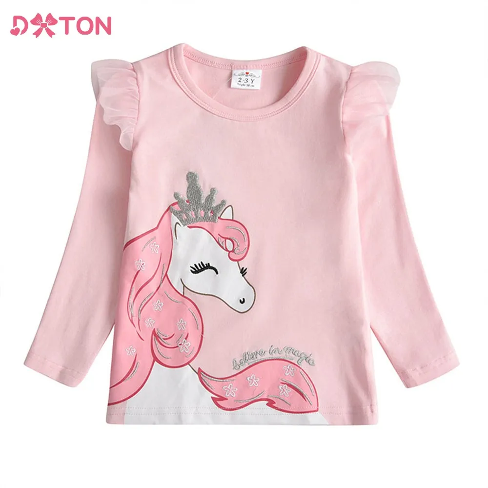 

DXTON Girls Unicorn T Shirt Kids Autumn Spring Long Sleeve Cotton Tops Girls Cartoon Print Casual Tees Children Clothing Pink