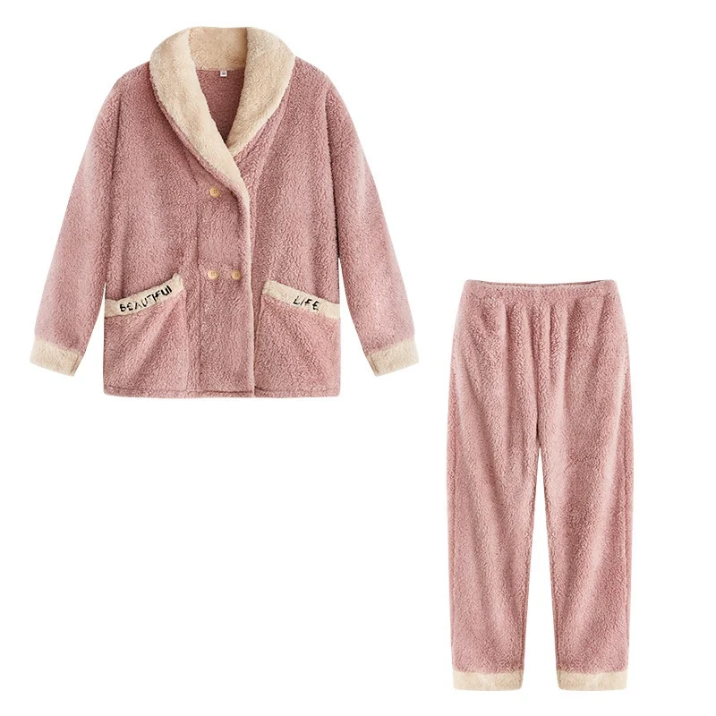 Pink Thickened Flannel Sleepwear Winter Warm Pajamas Women Lapel Coral Velvet Pyjamas Long Sleeve Home Wear Pants Loungewear