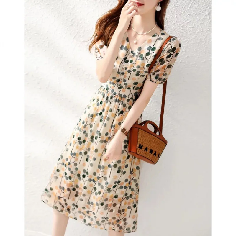 

Korean Floral Elegant Dresses For Women 2022 Summer New Empire Slim Short Sleeve Office Lady Fashion Exquisite Dress Vestidos