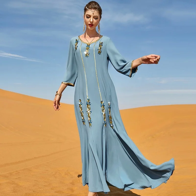 

Muslim Fashion Dress Haze Blue Hand Sewn Drill Arabian Ruffle Long Dress Robe Femme Musulmane Abaya Dubai African Dresses 2022