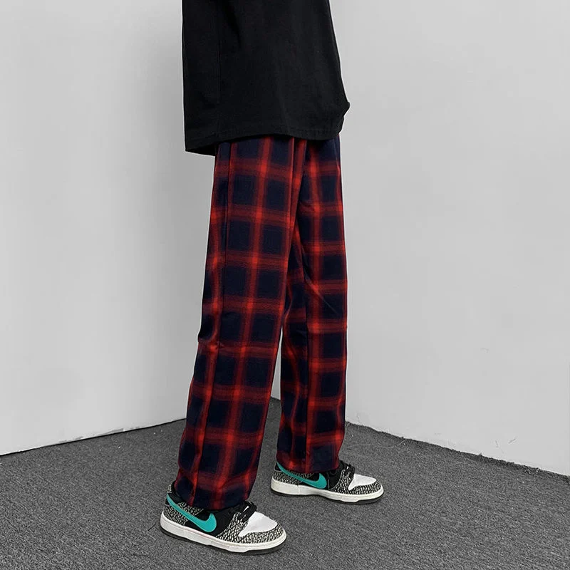 

Summer Cotton Plaid Pants Men Fashion Retro Casual Wide Leg Pants Men Streetwear Loose Hip Hop Straight Pants Mens Trousers
