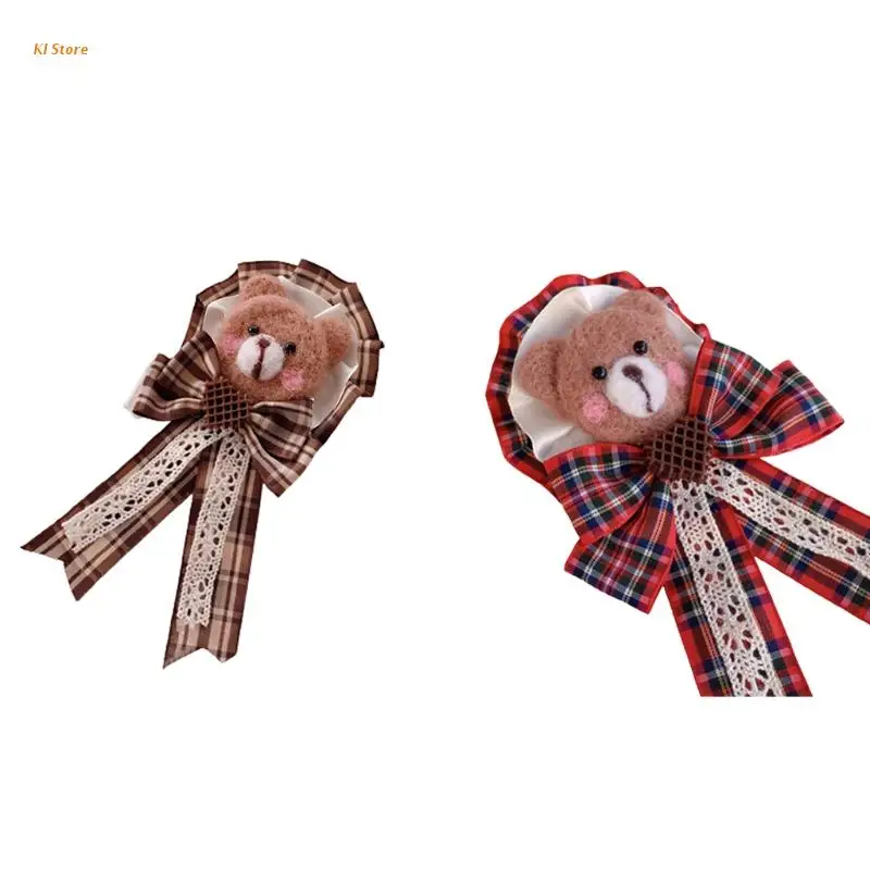 

Cartoon Plaid Bow Side Clip Bear Brooch Bag Clothes Decor Lolita Suit Supplies