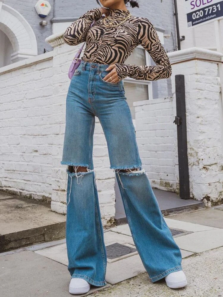 

Loose Hole Flared Pants Fashion Women's 2022 New High Waist Blue Ripped Wide Leg Jeans Vintage Mopping Denim Trousers Y2K Style