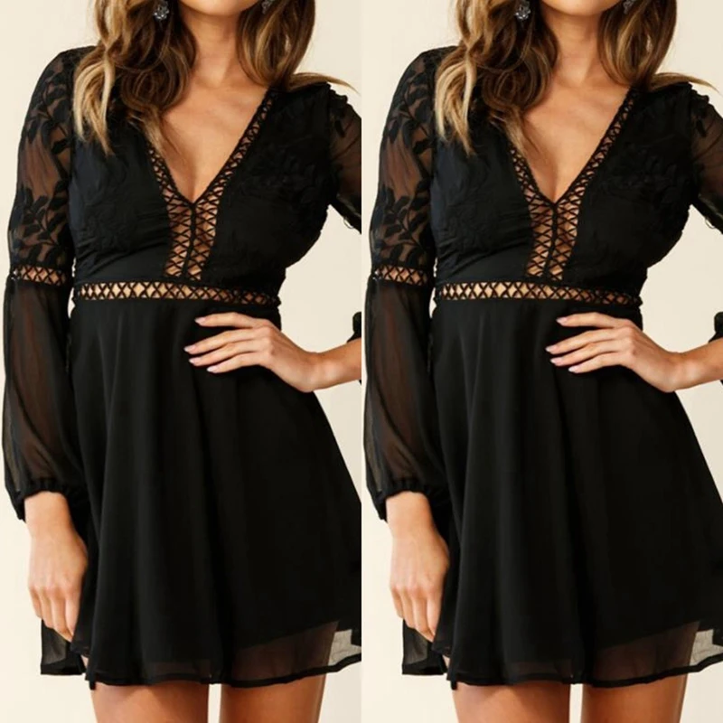 

ASDS-Women's V-Neck Sexy Lace Stitching Halter Dress Black