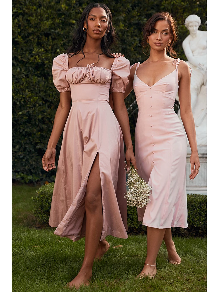 

Elegant Square Neck Puff Sleeve Pink Dress Summer Lace-up Split Midi Dress Lantern Sleeve Ruched Party Dress Evening Long Dress