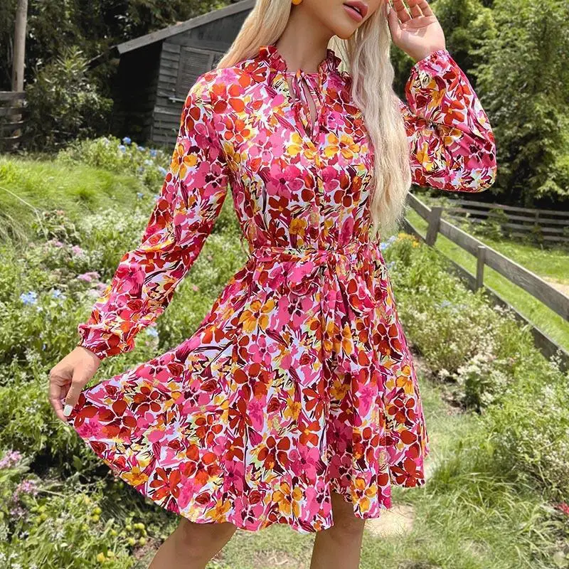 

Mandylandy Women Elegant Autumn Floral Print Bohemian Dress Fashion Casual Long Lantern Sleeve Corset A-line Vacation Dress