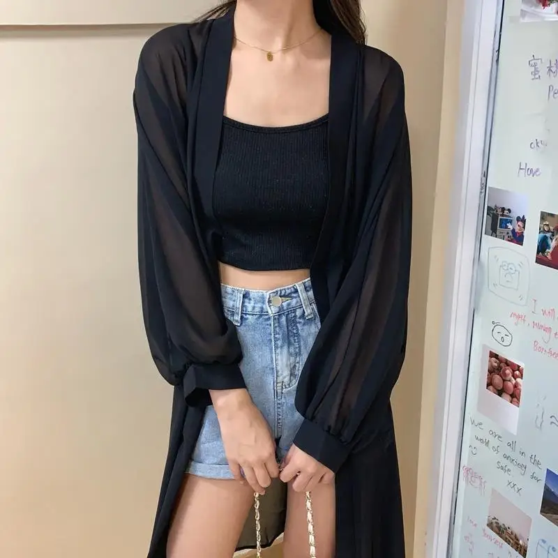 Длинная женская летняя тонкая свободная прозрачная Солнцезащитная куртка с