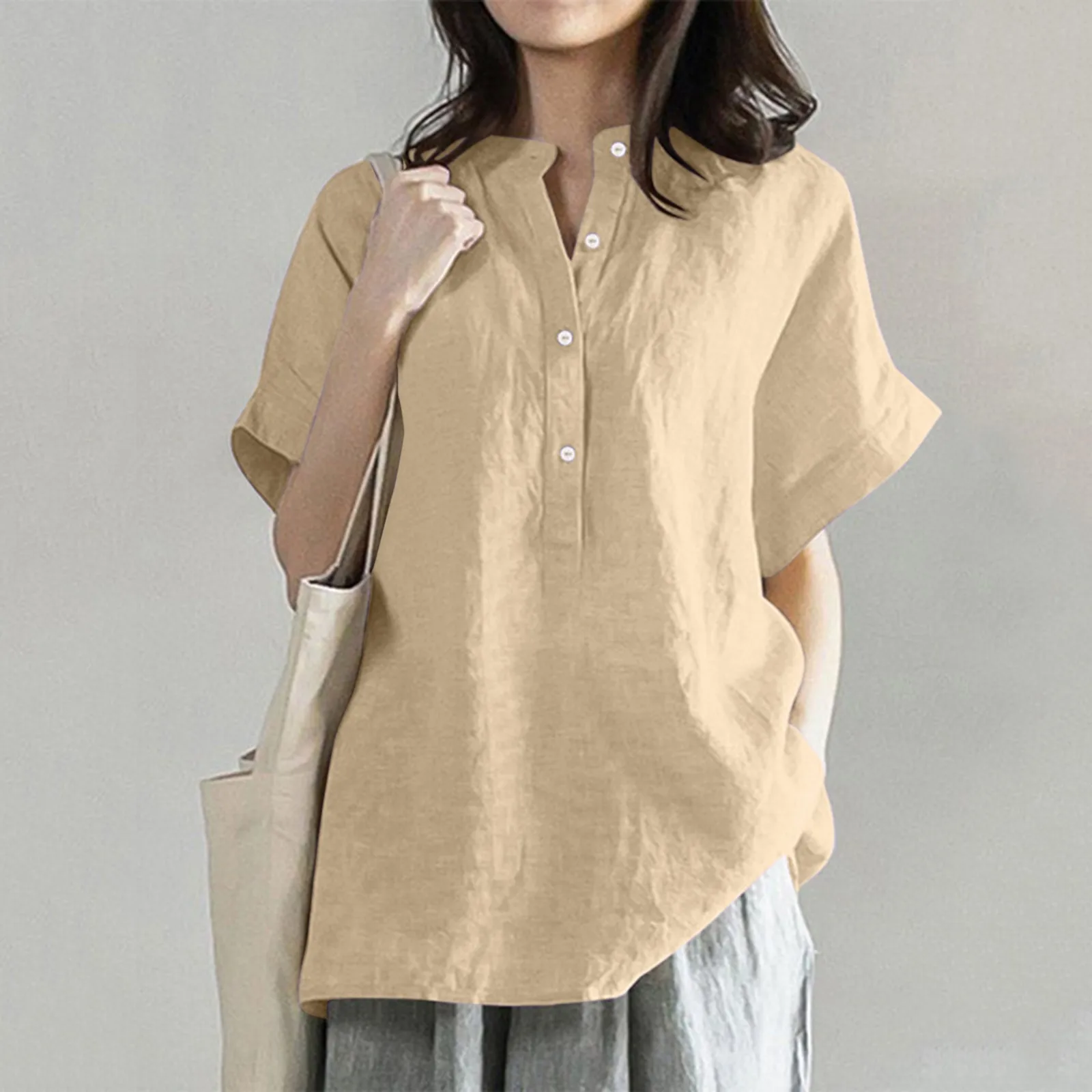 

Women Short Sleeve Blusa Cotton And Linen Button Down Shirt Summer Fashion Oversized Blouses Casual Tunic Tops Loose Fit Shirts