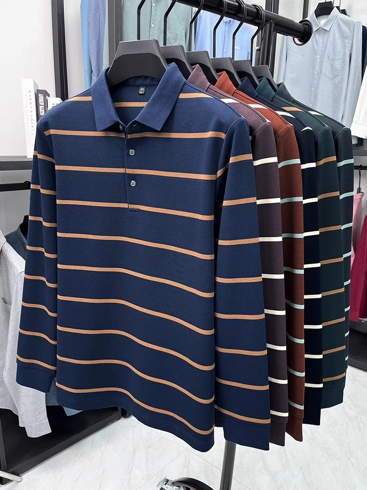 2024 Spring and Autumn New Long sleeve Polo Shirt Color Stripes Yarn-dyed Jacquard Stripe Middle-Aged Daddy Clothes High end ...
