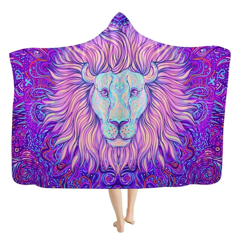 

Hypnotic Neon Lion Hooded Blanket - Vibrant Purple Throw Blanket, Animal Print, Lion Blanket, Yogi Gift, Camping Blanket